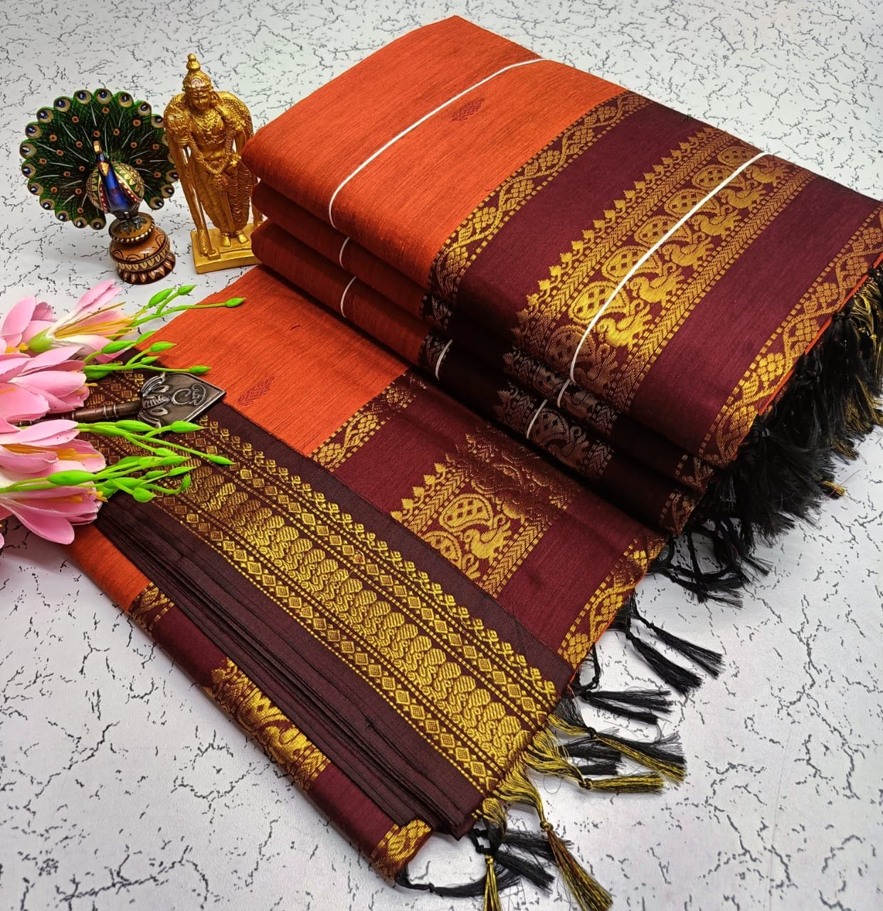 Kalyani cotton saree/Lata Gadwal Paithani - Burnt Orange + Copper Gold