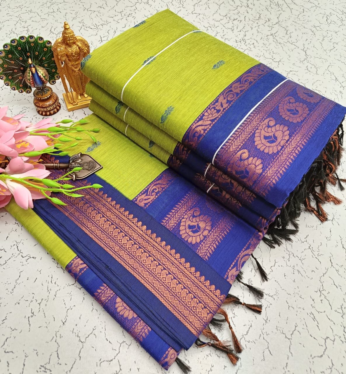 Kalyani cotton saree/Lata Gadwal Paithani - Citrus Yellow + Iris Blue