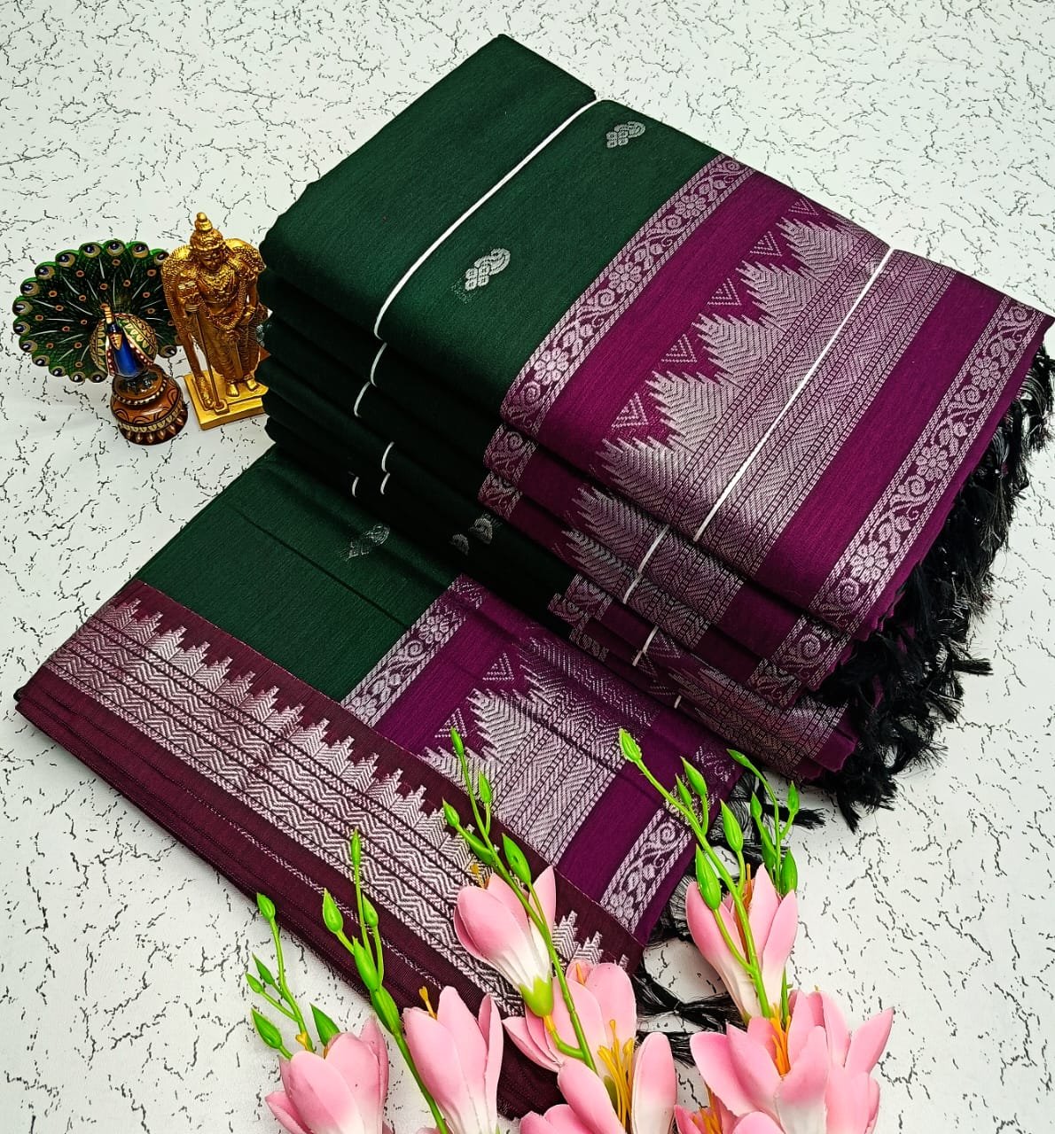 Kalyani cotton saree/Lata Gadwal Paithani - Mint Green + Aubergine