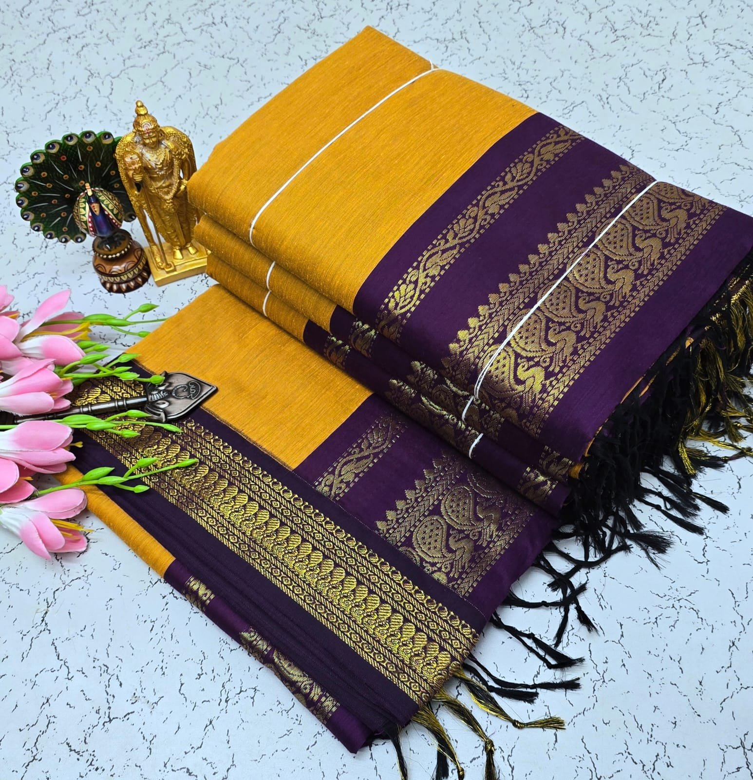 Kalyani cotton saree/Lata Gadwal Paithani - Mustard Yellow + Purple