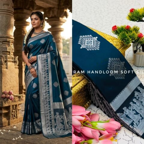 Peacock Blue & Silver Zari