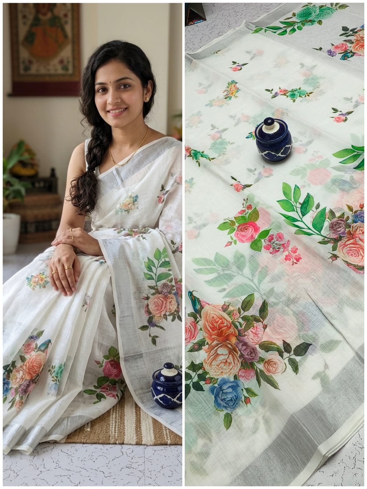 HANDLOOM LINEN COTTON SAREES - WHITE GREEN AND PINK