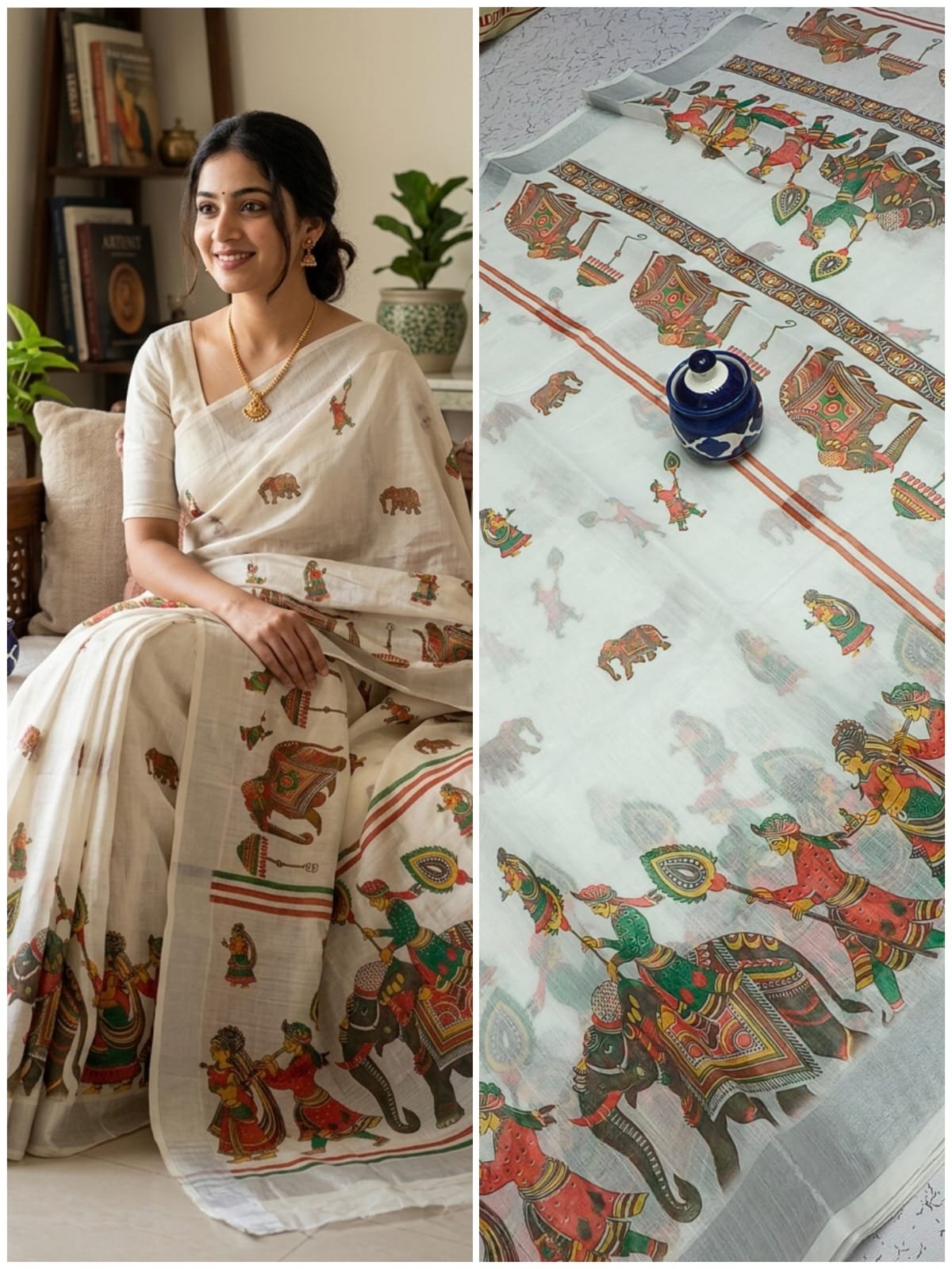HANDLOOM LINEN COTTON SAREES - IVORY CREAM
