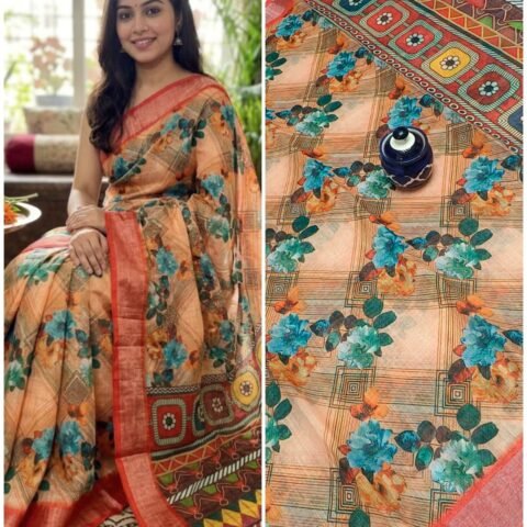 HANDLOOM LINEN COTTON SAREES - Peach Teal Blue.