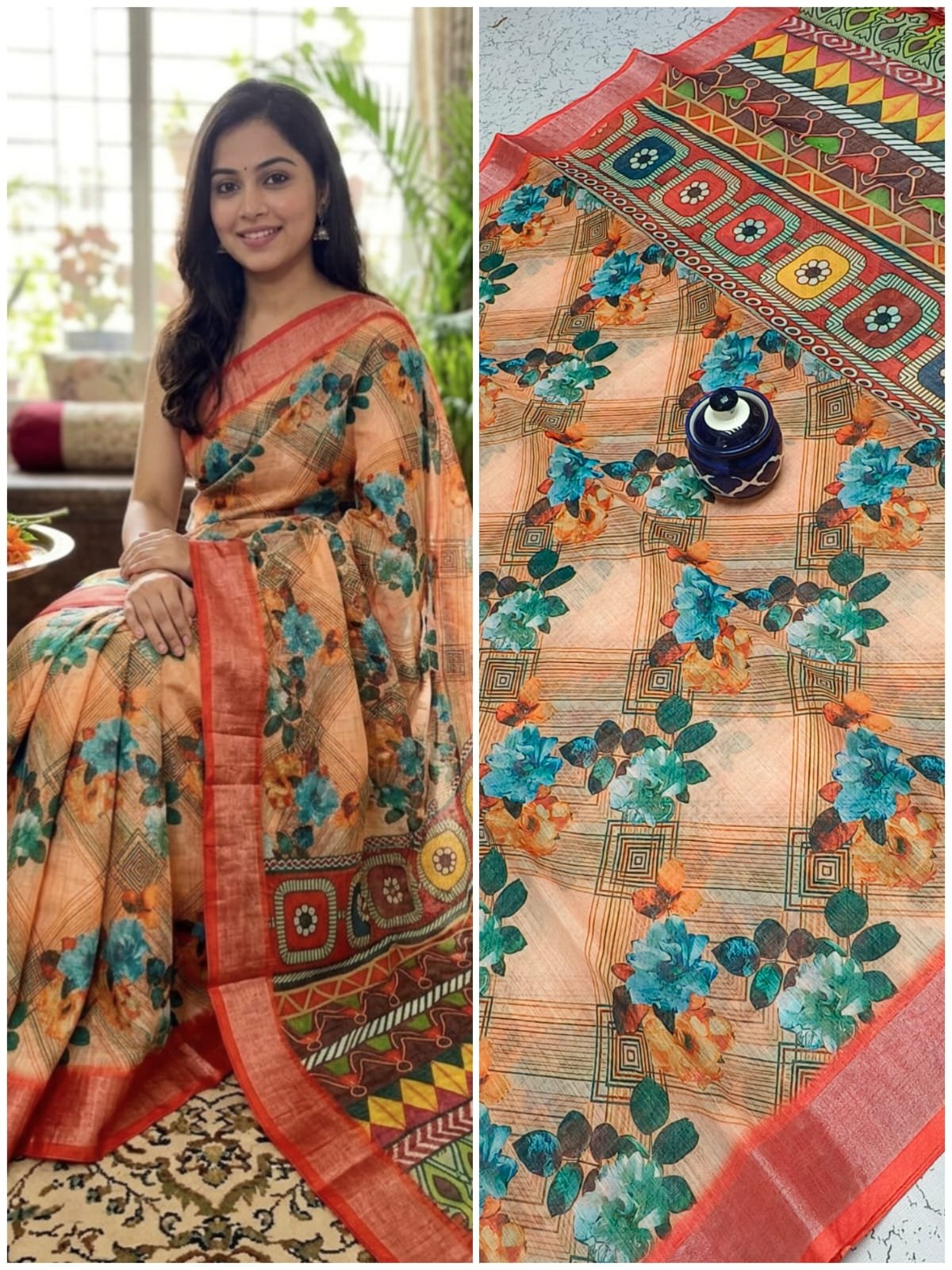 HANDLOOM LINEN COTTON SAREES - Peach Teal Blue.
