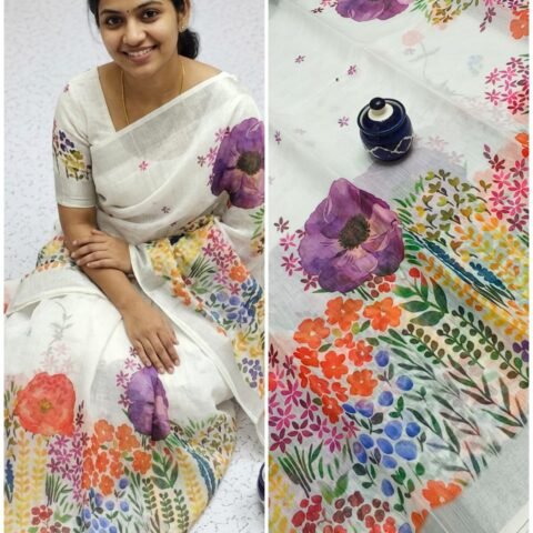 HANDLOOM LINEN COTTON SAREES - White Purple.