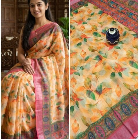HANDLOOM LINEN COTTON SAREES - Peach Orange Pink.
