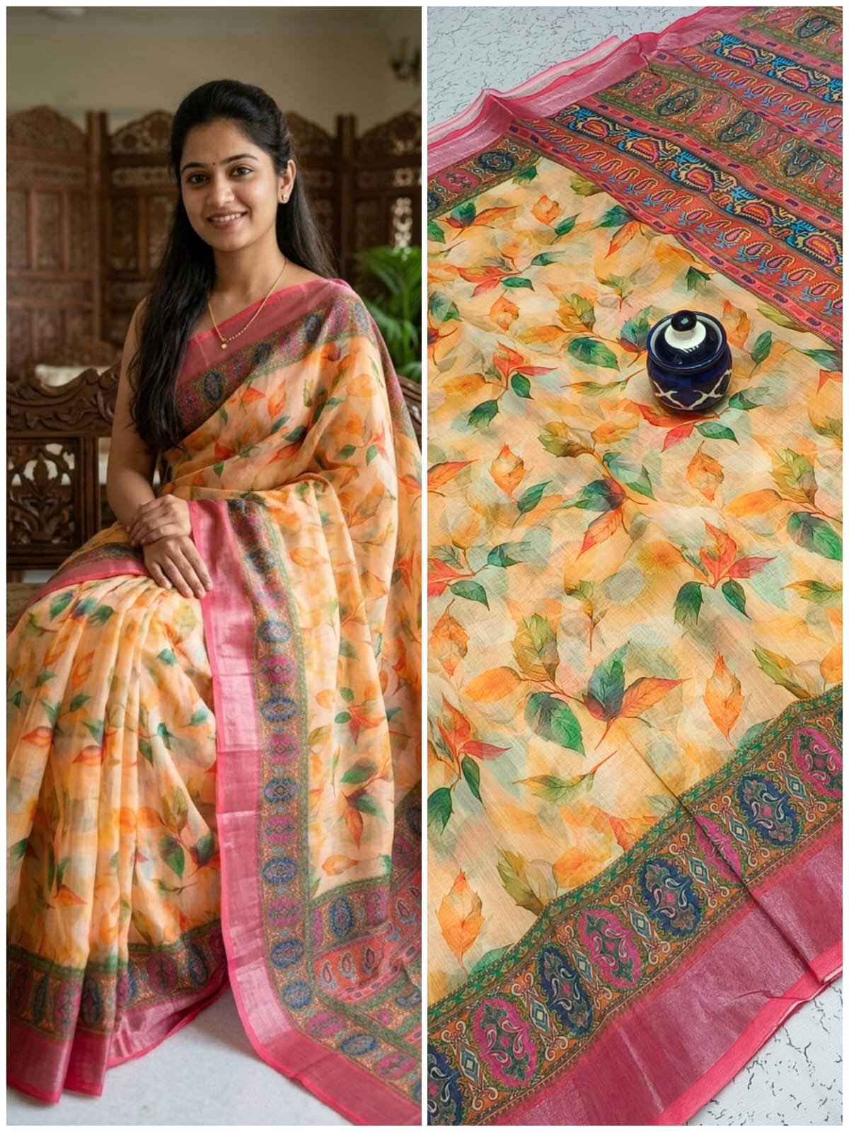 HANDLOOM LINEN COTTON SAREES - Peach Orange Pink.