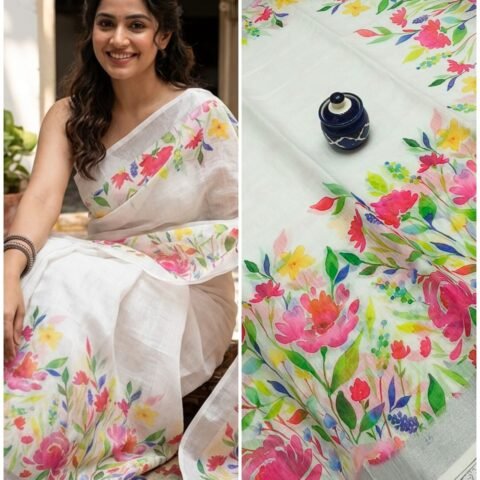 HANDLOOM LINEN COTTON SAREES - white green pink