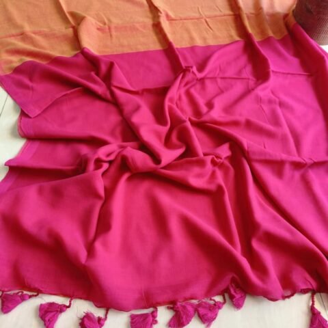 Pallu Contrast Khadi Cotton Saree - Copper Orange & Magenta Pink