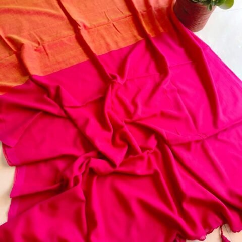 Pallu Contrast Khadi Cotton Saree - Rose Gold & Hot Pink